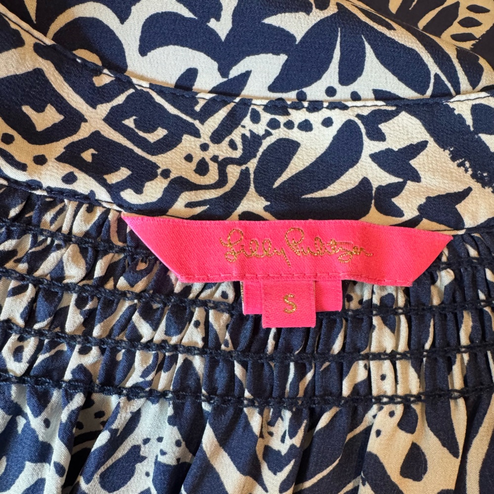 Lilly Pulitzer Elsa Silk Top Navy Blue Long Sleeve Floral Blouse By Land Or Sea - Picture 7 of 7